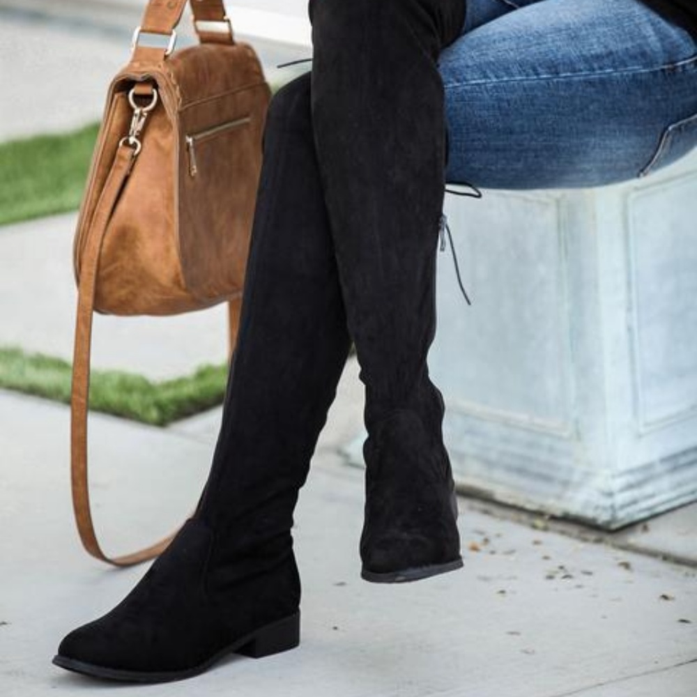 Vegan Suede Over the Knee Black Boots - Picture 4 of 5